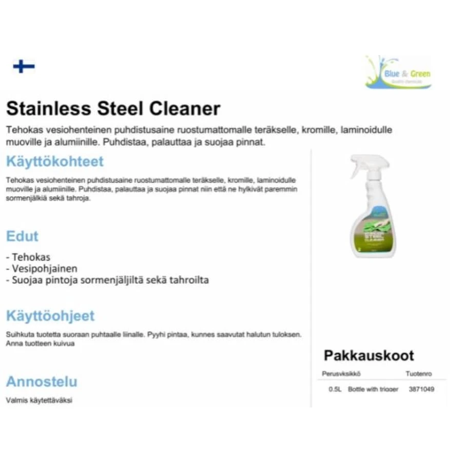 Blue & Green Stainless Steel Cleaner 0,5L Rosterin Puhdistusaine 2 Blue & Green Stainless Steel Cleaner 0,5L Rosterin Puhdistusaine - Image 2